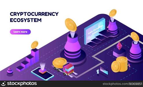 Vector illustration isometric banner with NTF coins and volcano. Cryptocurrency ecosystem concept, for the site