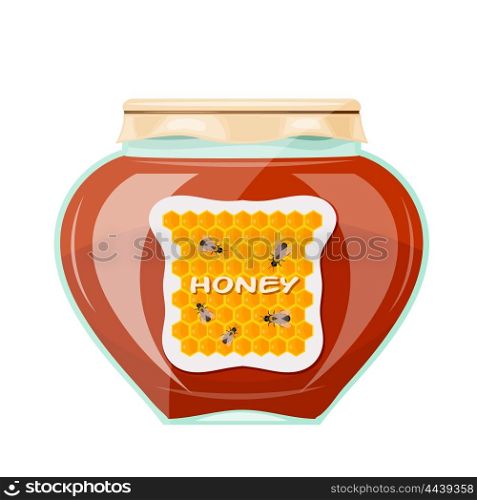 Vector illustration jars of honey on a white background. Isolate. Glass jar with a dark honey, &#xA;paper cover and label. Stock vector illustration