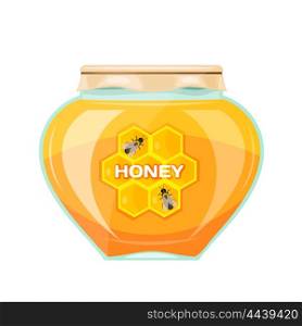 Vector illustration jars of honey on a white background. Isolate. Glass jar with a yellow &#xA;honey, paper cover and label. Stock vector illustration