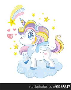 Vector illustration kawai cute cartoon unicorn standing on cloud with stars isolated on a white background. For party, sticker, embroidery, design, decoration, print, t-shirt, dishes, packaging. Vector cute baby unicorn character in cloud