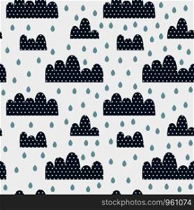 Vector illustration. Kids seamless pattern with clouds in dots, drops and rain.. Kids seamless pattern with clouds in dots, drops and rain.