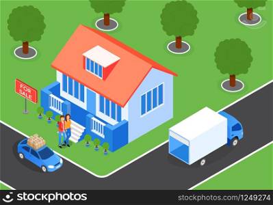 Vector Illustration Label is for Sale Cartoon. Couple Selling Home. Near House there Van and Car. Man and Woman Move and Take Moving House. Big House on Background Green Lawn and Trees.. Vector Illustration Sale House Isometric Moving