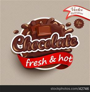 Vector illustration label of chocolate drops and blot with lettering . Sweet and stain and shape.. Chocolate drops and blot with lettering.
