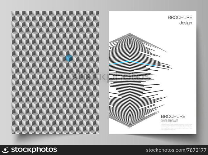 Vector illustration layout of A4 format modern cover mockups design templates for brochure, magazine, flyer, booklet, report. Abstract big data visualization concept backgrounds with cubes. Vector illustration layout of A4 format modern cover mockups design templates for brochure, magazine, flyer, booklet, report. Abstract big data visualization concept backgrounds with cubes.