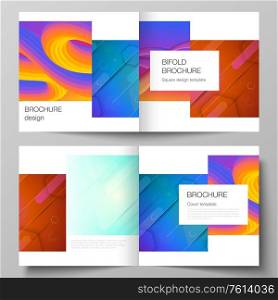 Vector illustration layout of two covers template for square design bifold brochure, magazine, flyer, booklet. Futuristic technology design, colorful backgrounds with fluid gradient shapes composition.. Vector illustration layout of two covers template for square design bifold brochure, magazine, flyer, booklet. Futuristic technology design, colorful backgrounds with fluid gradient shapes composition