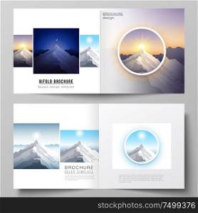 Vector illustration layout of two covers templates for square design bifold brochure, magazine, flyer, booklet. Mountain illustration, outdoor adventure. Travel concept background. Flat design vector. Vector illustration layout of two covers templates for square design bifold brochure, magazine, flyer, booklet. Mountain illustration, outdoor adventure. Travel concept background. Flat design vector.