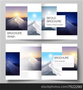 Vector illustration layout of two covers templates for square design bifold brochure, magazine, flyer, booklet. Mountain illustration, outdoor adventure. Travel concept background. Flat design vector. Vector illustration layout of two covers templates for square design bifold brochure, magazine, flyer, booklet. Mountain illustration, outdoor adventure. Travel concept background. Flat design vector.