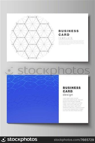 Vector illustration layout of two creative business cards design templates. Digital technology and big data concept with hexagons, connecting dots and lines, polygonal science medical background. Vector illustration layout of two creative business cards design templates. Digital technology and big data concept with hexagons, connecting dots and lines, polygonal science medical background.