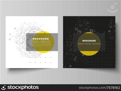 Vector illustration layout of two square format covers design templates for brochure, flyer, magazine. Science or technology 3d background with dynamic particles. Chemistry and science concept. Vector illustration layout of two square format covers design templates for brochure, flyer, magazine. Science or technology 3d background with dynamic particles. Chemistry and science concept.