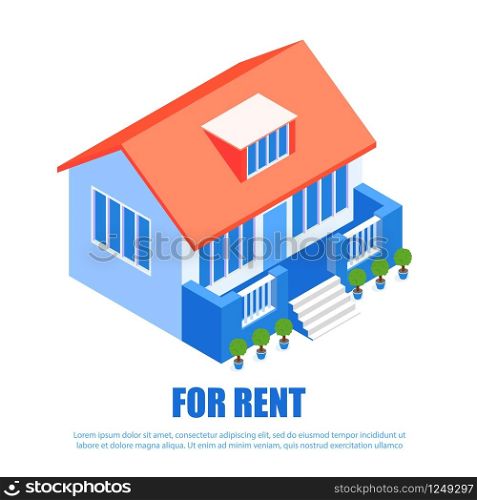 Vector Illustration Lettering for Rent Isometric. Rural Cottage Rent on Favorable Terms. Modern Rental Housing Architecture. Service Application for Rental Housing for Long Term and Daily.