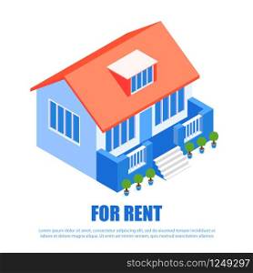 Vector Illustration Lettering for Rent Isometric. Rural Cottage Rent on Favorable Terms. Modern Rental Housing Architecture. Service Application for Rental Housing for Long Term and Daily.