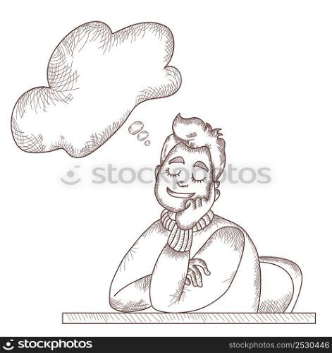 Vector illustration line and strokes. man sitting at table is resting, closed his eyes and dreams of cloud above him for text.