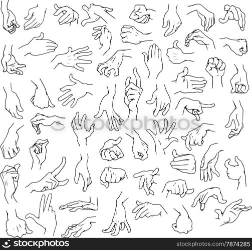 Vector illustration line art pack of man hands in various gestures.&#xA;