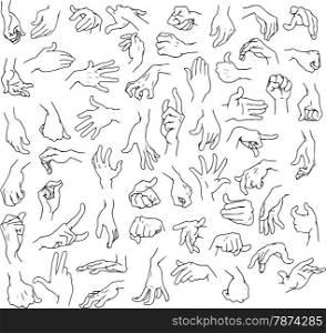 Vector illustration line art pack of man hands in various gestures.&#xA;