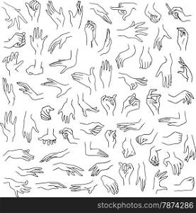 Vector illustration line art pack of woman hands in various gestures.&#xA;
