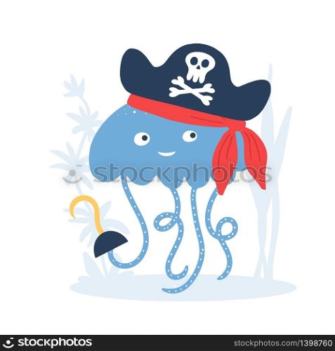 Vector illustration Little pirate lettering with cute jellyfish in pirate&rsquo;s hat with scull and bones and hand hook. Kids logo emblem. Textile fabric print. Vector illustration Little pirate lettering with pirate s hat and bones. Kids logo emblem. Textile fabric print