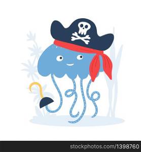 Vector illustration Little pirate lettering with cute jellyfish in pirate&rsquo;s hat with scull and bones and hand hook. Kids logo emblem. Textile fabric print. Vector illustration Little pirate lettering with pirate s hat and bones. Kids logo emblem. Textile fabric print