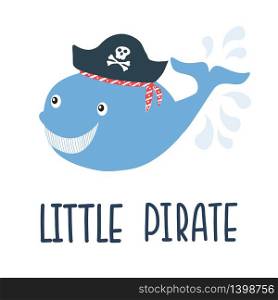 Vector illustration Little pirate lettering with cute whale in pirate&rsquo;s hat with scull and bones. Kids logo emblem. Textile fabric print. Vector illustration Little pirate lettering with pirate s hat and bones. Kids logo emblem. Textile fabric print