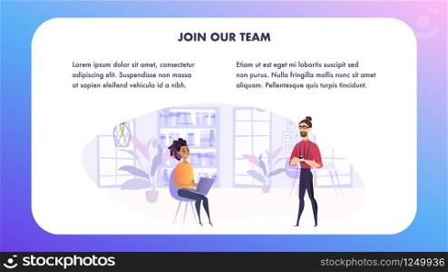 Vector Illustration Man and Woman in Work Setting. Banner Image Cozy Office, Workspace. Join Our Team Professional. Two People are Discussing Working Draft. Group Specialist in their Field