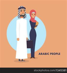 Vector Illustration Man and Women Arabic People. Bearded Arabian Guy Dressed in Traditional National Costume Holding Case with Documents in his Hand. Girl in Red Hijab Holding Folder her Hand