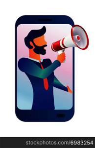 Vector illustration man character shouting with megaphone. Notice from mobile. Use for mobile web app-template- ui - poster - flyer - banner