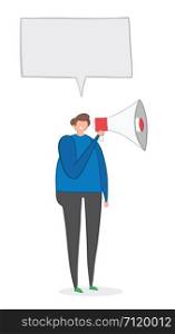 Vector illustration man holding megaphone and talking. Hand drawn. Colored outlines.