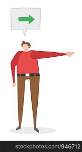Vector illustration man pointing way. Hand drawn. Colored outlines.