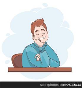 Vector illustration. man sitting at table closed his eyes, rests and dreams