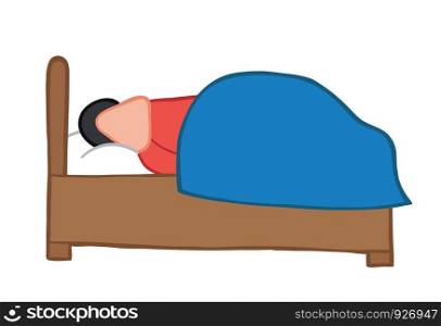 Vector illustration man sleeping on bed. Hand drawn. Colored outlines.