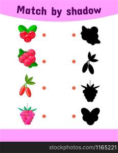 vector illustration. Matching game for children. Connect the shadow of the berries. cranberries, currants, Goji, raspberry