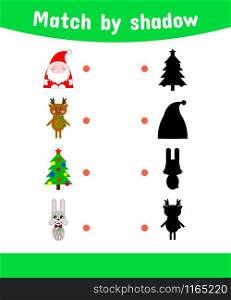 vector illustration. Matching game for children. Connect the shadow. Santa Claus, reindeer, Xmas tree, rabbit