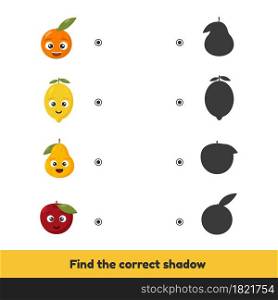 Vector illustration. Matching game for kids preschool and kindergarten age. Find the correct shadow. Cute fruits.. Matching game for kids preschool and kindergarten age. Find the correct shadow. Cute fruits.