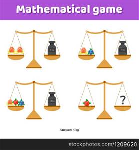 Vector illustration. Math game for kids of school and preschool age. Scales and weights.. Vector illustration. Math game for kids of school and preschool