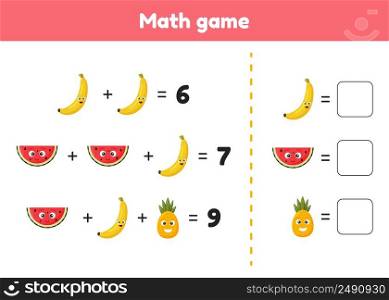 Vector illustration. Math game for preschool and school age children. Count and insert the correct numbers. Addition. Fruits.. Math game for preschool and school age children. Count and insert the correct numbers. Addition. Fruits.