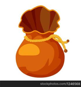 Vector illustration medieval purse, empty bag for gold and stack of golden coins. Brown leather bag icon. Vector illustration medieval purse, empty bag for gold and stack of golden coins. Brown leather bag icon, cartoon style, isolated