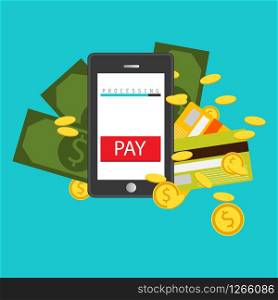 Vector illustration. Mobile payment concept. Hand holding a phone. Smartphone wireless money transfer. Flat design. . Mobile payment concept. Hand holding a phone. Smartphone wireless money transfer. Flat design. Vector illustration