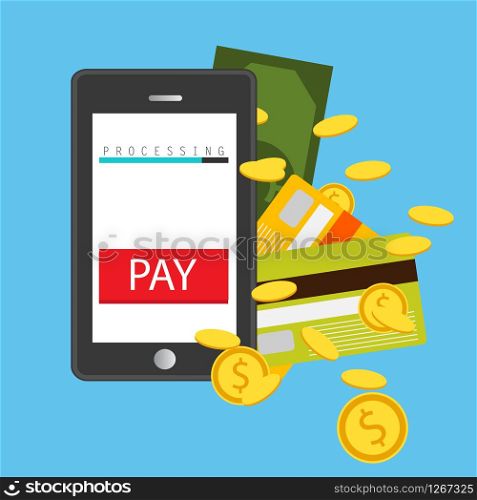 Vector illustration. Mobile payment concept. Hand holding a phone. Smartphone wireless money transfer. Flat design.