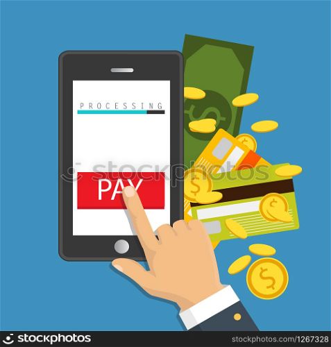 Vector illustration. Mobile payment concept. Hand holding a phone. Smartphone wireless money transfer. Flat design.