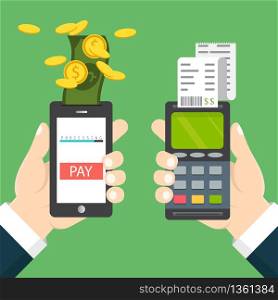 Vector illustration. Mobile payment concept. Hand holding a phone. Smartphone wireless money transfer. Flat design. . Mobile payment concept. Hand holding a phone. Smartphone wireless money transfer. Flat design. Vector illustration