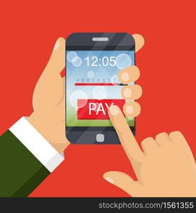 Vector illustration. Mobile payment concept. Hand holding a phone. Smartphone wireless money transfer. Flat design. . Mobile payment concept. Hand holding a phone. Smartphone wireless money transfer. Flat design. Vector illustration