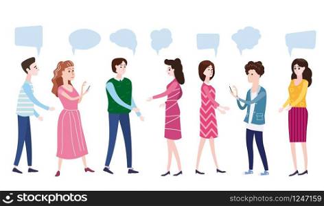 Vector illustration, modern cartoon style, businessmen discuss social network, news, social networks, chat, dialogue speech bubbles, characters. Vector illustration, modern cartoon style, businessmen discuss social network, news, social networks, chat, dialogue speech bubbles, characters, isolated