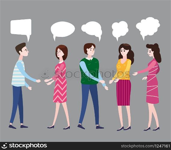 Vector illustration, modern cartoon style, businessmen discuss social network, news, social networks, chat, dialogue speech bubbles, characters. Vector illustration, modern cartoon style, businessmen discuss social network, news, social networks, chat, dialogue speech bubbles, characters, isolated