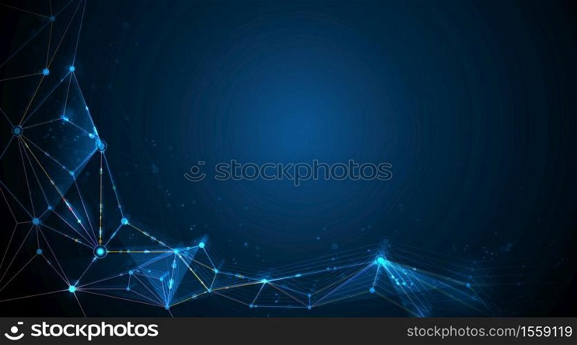 Vector illustration molecule and internet connect technology on dark blue background. Abstract internet network connection design for web site. Digital data, communication, science, futuristic concept