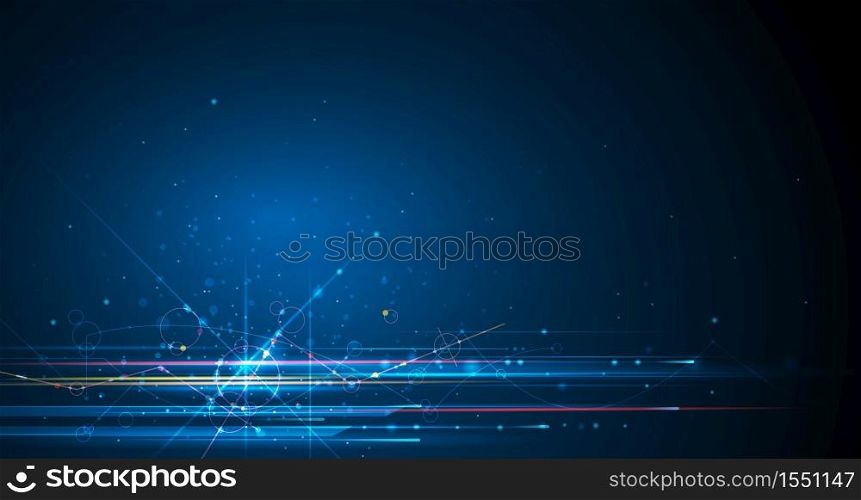 Vector illustration molecule with line, speed movement pattern and motion blur over dark blue background. Hi-tech digital technology concept. Abstract internet, futuristic techno design background