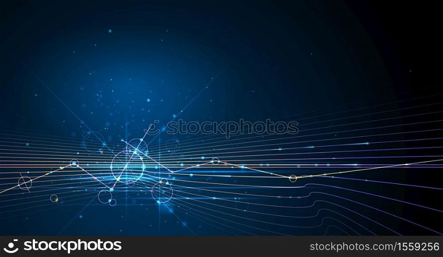 Vector illustration molecule with line, speed movement pattern and motion blur over dark blue background. Hi-tech digital technology concept. Abstract internet, futuristic techno design background