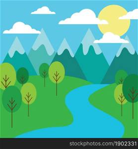 Vector illustration. Mountain, field and forest landscape.