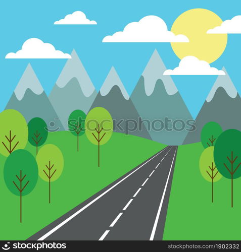 Vector illustration. Mountain, field, road and forest landscape.