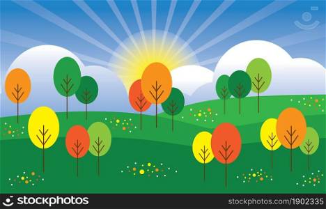 Vector illustration. Mountain, field, trees and forest landscape.