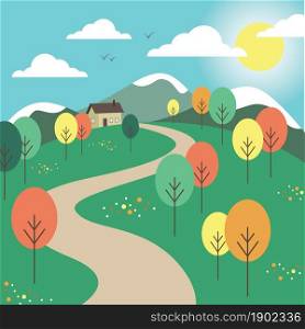 Vector illustration. Mountain, field, trees and house landscape.