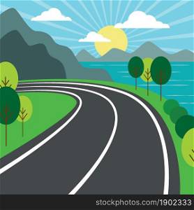 Vector illustration. Mountain, lake, road and forest landscape.